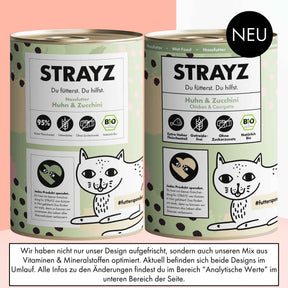 Auf diesem Bild ist das alte Design im Vergleich zum neuen Design vom Nassfutter für Katzen von STRAYZ Rind & rote Bete in Soße zu sehen.