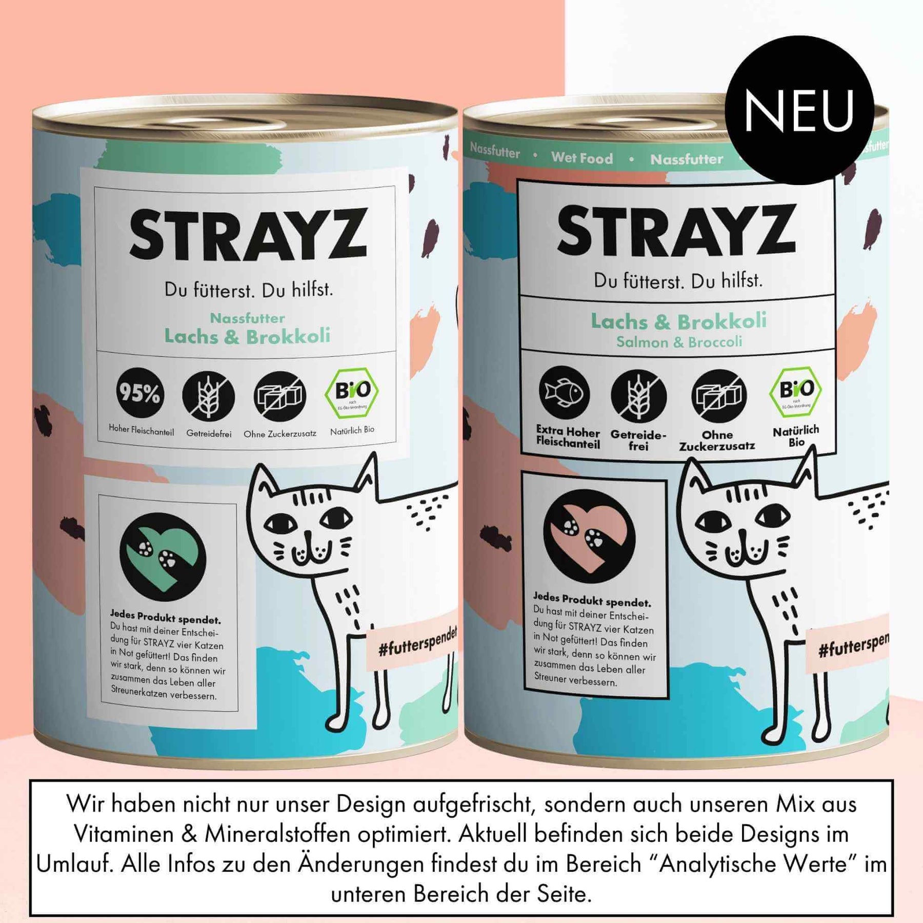 Auf diesem Bild ist das alte Design im Vergleich zum neuen Design vom Nassfutter für Katzen von STRAYZ Lachs & Brokkoli zu sehen.