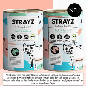 Auf diesem Bild ist das alte Design im Vergleich zum neuen Design vom Nassfutter für Katzen von STRAYZ Lachs & Brokkoli zu sehen.