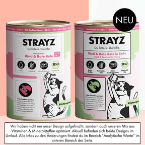 Auf diesem Bild ist das alte Design im Vergleich zum neuen Design vom Nassfutter für Katzen von STRAYZ Rind & rote Bete in Soße zu sehen.