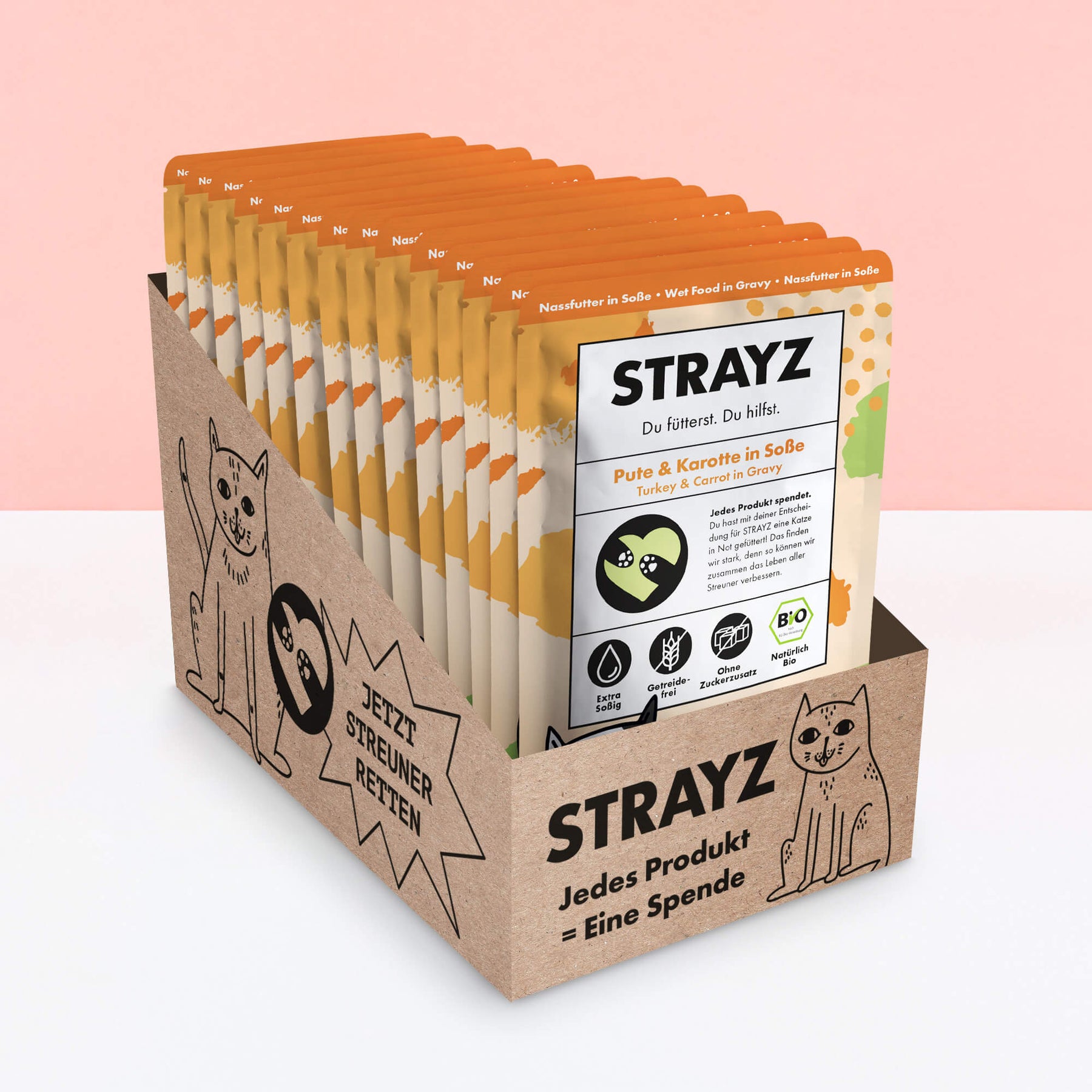Verpackungseinheit aus 4 mal 85g Beuteln Nassfutter in Soße in der Sorte Pute & Karotte von STRAYZ. Bio Katzenfutter ohne Getreide, ohne Zuckerzusatz und Bindemittel. Hoher Fleischanteil. 