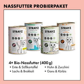 Ein Probierpaket mit dem Bio Katzenfutter von STRAYZ in 400g Dosen. Alle 4 Sorten sind je ein Mal enthalten und haben einen hohen Fleischanteil von 95 %. Das Katzenfutter von STRAYZ ist getreidefrei und zuckerfrei. Folgende Sorten sind enthalten: Bio Huhn, Bio Gans, Bio Ente, Bio Lachs. Natürlich Monoprotein und damit für Allergiker geeignet.