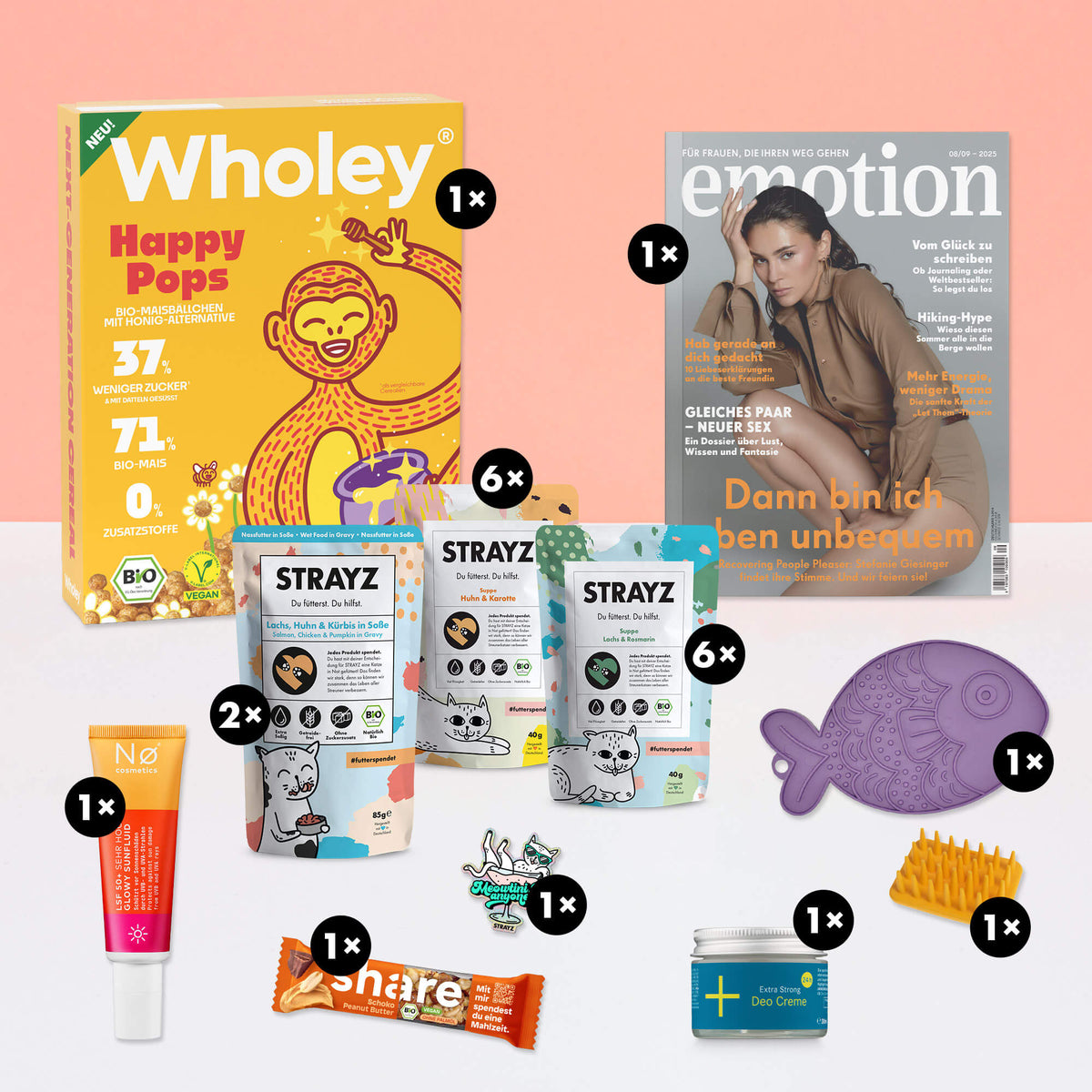 Das STRAYZ La Dolce Miez Bundle beinhaltet eine Packung vegane Cerealien von Wholey "Happy Pops", die aktuelle Ausgabe des Magazins Emotion, das Glowy Sun Fluid von Nø Cosmetics, ein veganer Schoko-Nussriegel von share, eine Deocreme der Naturkosmetik Marke i+m, eine Schleckmatte und eine Fellbürste von Fiboo, je 6 Katzensuppen von STRAYZ in den Sorten Huhn & Karotte sowie Lachs & Rosmarin, 2x das neue Nassfutter in Soße Lachs, Huhn & Kürbis in Soße sowie ein Glitzersticker von STRAYZ mit Katzenmotiv