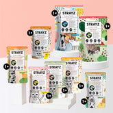 Die beliebtesten Produkte für Katzen von STRAYZ in einem Paket. 3x Bio-Nassfutter in den Sorten Ente & Süßkartoffel, Huhn & Zucchini, Gans & Kürbis. 2x Bio-Nassfutter in Soße Pute & Karotte sowie Huhn & Pastinake. Dazu kommt die beliebte Bio-Suppe Huhn & Karotte und zwei gefriergetrocknete Snacks in den Sorten Bio-Lachs und Hirsch. 