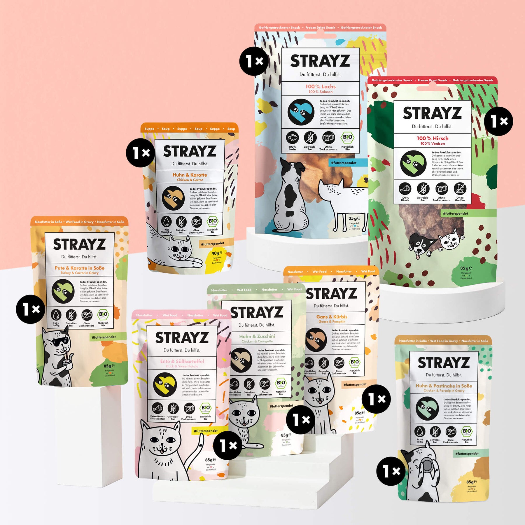Die beliebtesten Produkte für Katzen von STRAYZ in einem Paket. 3x Bio-Nassfutter in den Sorten Ente & Süßkartoffel, Huhn & Zucchini, Gans & Kürbis. 2x Bio-Nassfutter in Soße Pute & Karotte sowie Huhn & Pastinake. Dazu kommt die beliebte Bio-Suppe Huhn & Karotte und zwei gefriergetrocknete Snacks in den Sorten Bio-Lachs und Hirsch. 