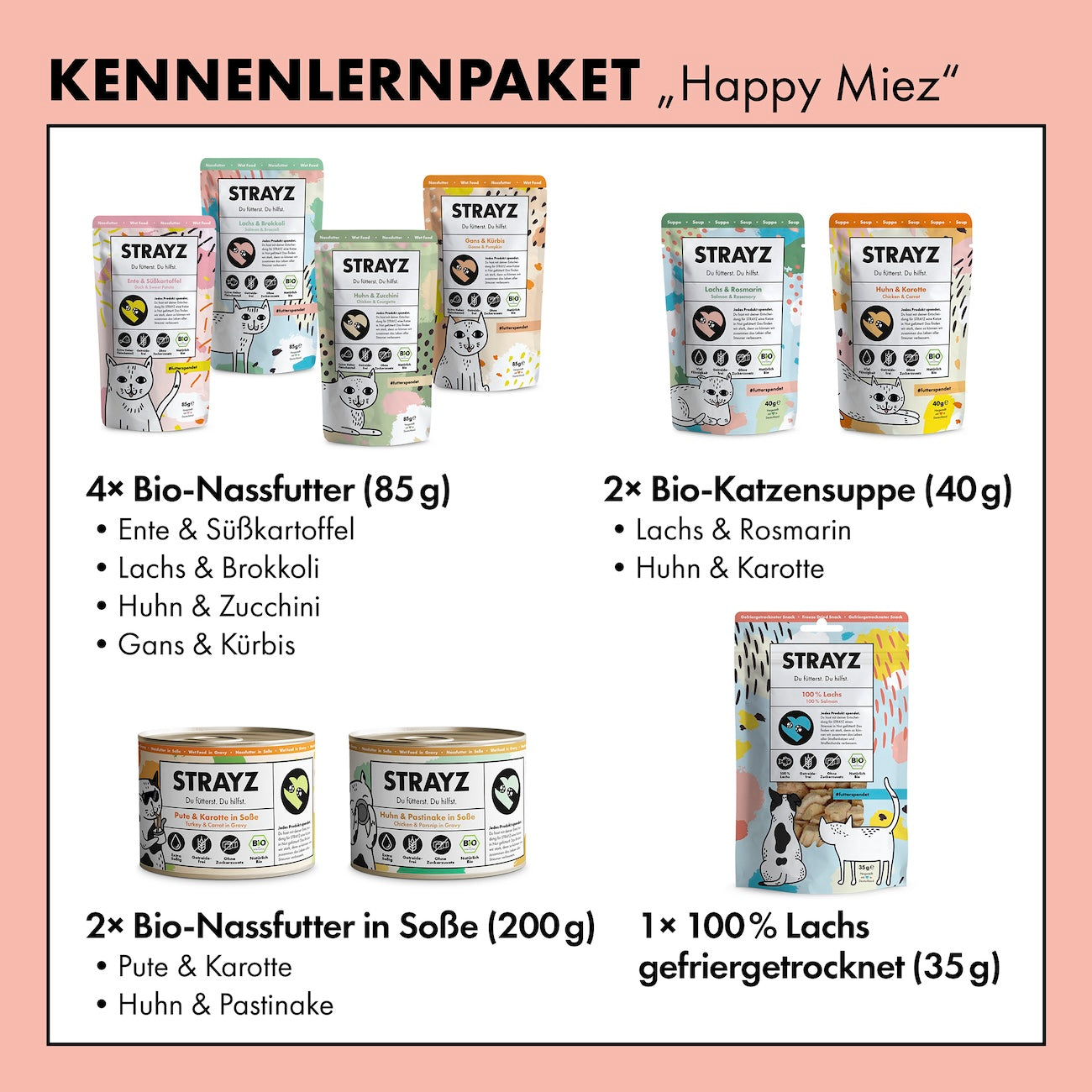 Das beliebteste Probierpaket für Katzen von STRAYZ. Beinhaltet 4x Nassfutter mit einem Fleischanteil von 95% in den Sorten: Bio-Ente, Bio-Huhn, Bio-Gans und Bio-Lachs, zudem ist auch je eine Dose Nassfutter in Soße im Paket enthalten in den Sorten Bio-Huhn und Bio-Pute. Auch Bio-Snacks dürfen im Paket nicht fehlen. Mit dabei die Katzensuppen in den Sorten Bio-Lachs und Bio-Huhn sowie der gefriergetrocknete Bio-Lachs von STRAYZ. 