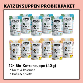Dieses Probierpaket für Katzen beinhaltet je 6 Stück der beliebten Katzensuppen von STRAYZ in den Sorten Bio Huhn & Karotte sowie Bio Lachs & Rosmarin. Perfekt für trinkfaule Katzen. Natürlicher Katzensnack ohne Zucker und Getreide.
