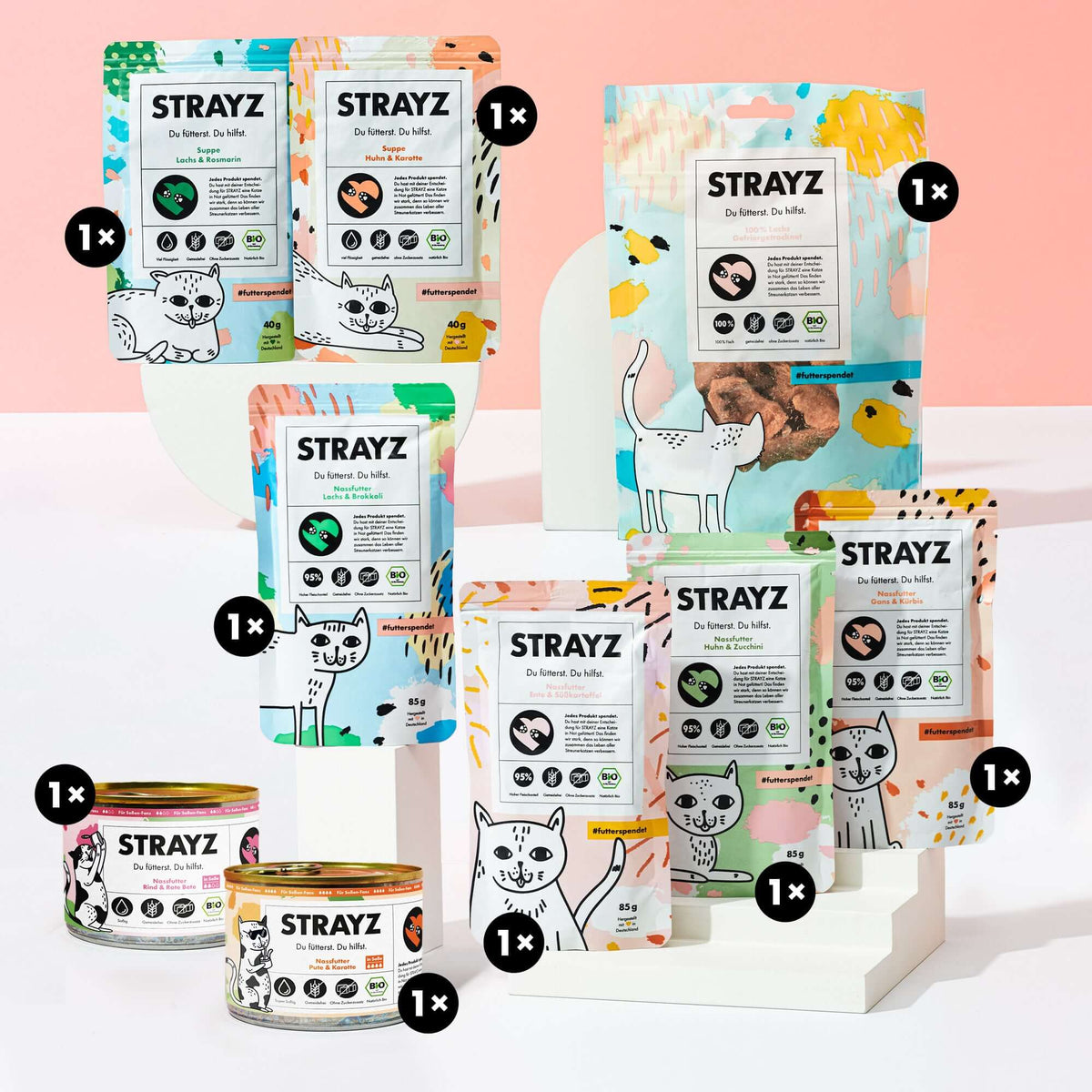 Bio Katzenfutter Kennenlernpaket von STRAYZ mit natürlichen Bio Snacks