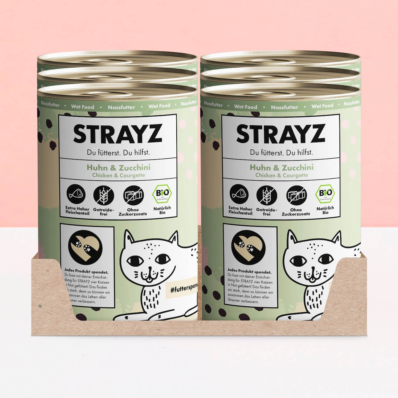STRAYZ Bio Katzenfutter Nassfutter Sparpaket 6x400g Dose Huhn & Zucchini