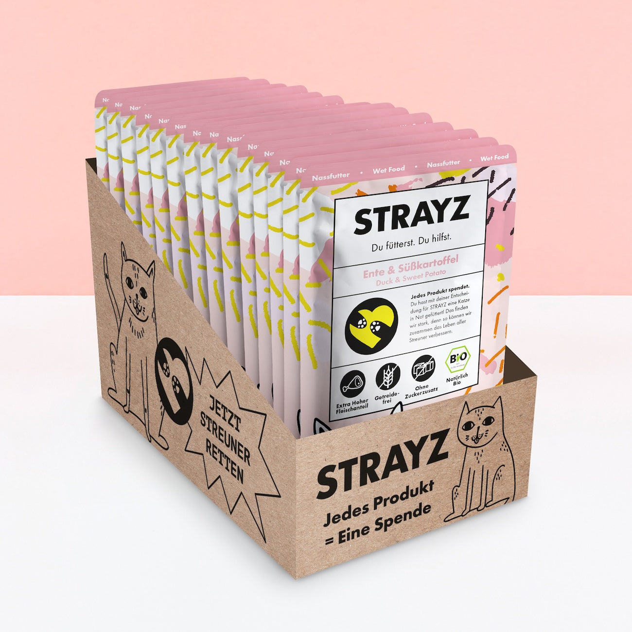 STRAYZ Bio Katzenfutter Nassfutter Sparpaket 14x85g Beutel Ente & Süßkartoffel