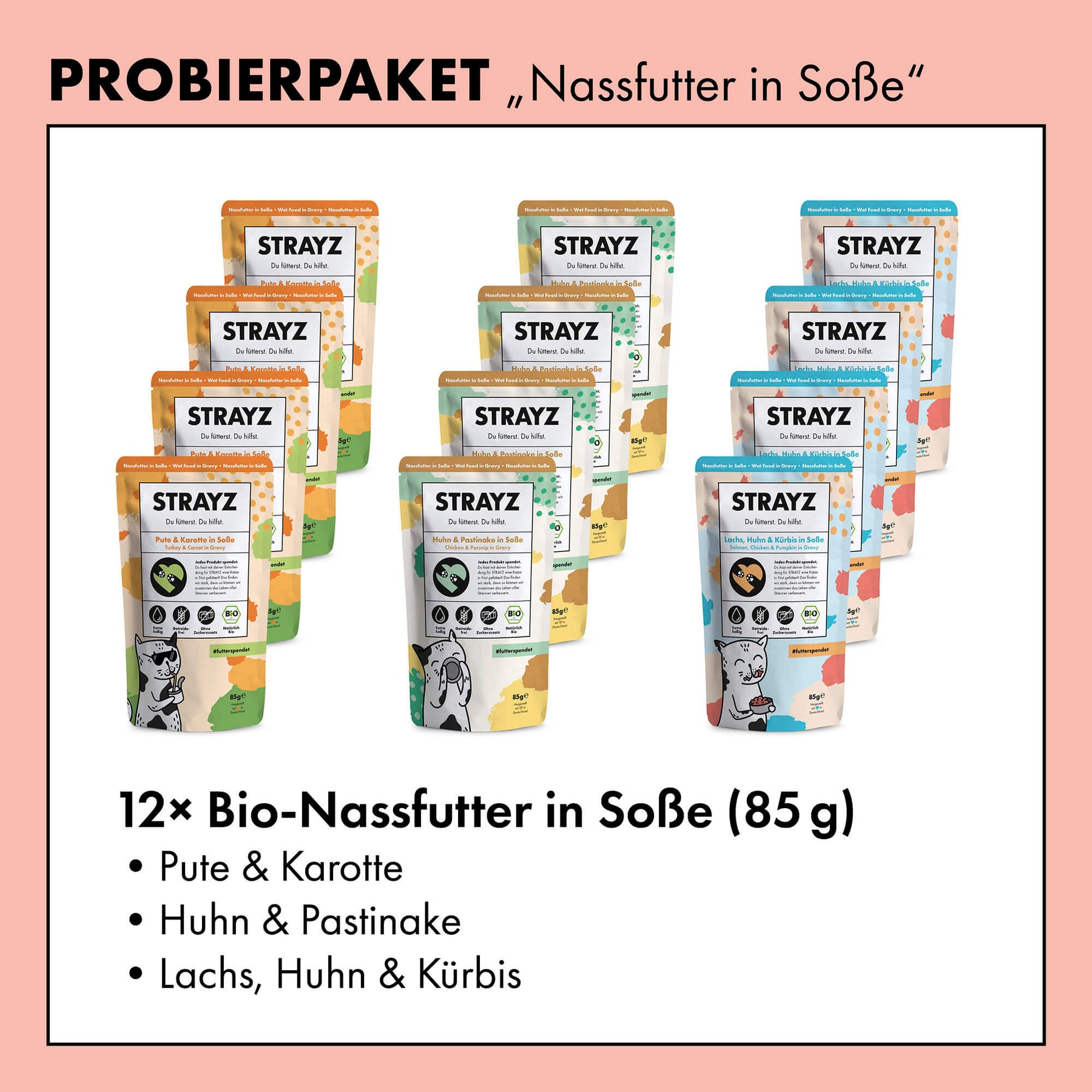 STRAYZ Nassfutter in Soße Probierpaket für Katzen. Enthält je 4x Huhn, Pute und Lachs