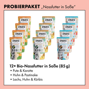 STRAYZ Nassfutter in Soße Probierpaket für Katzen. Enthält je 4x Huhn, Pute und Lachs