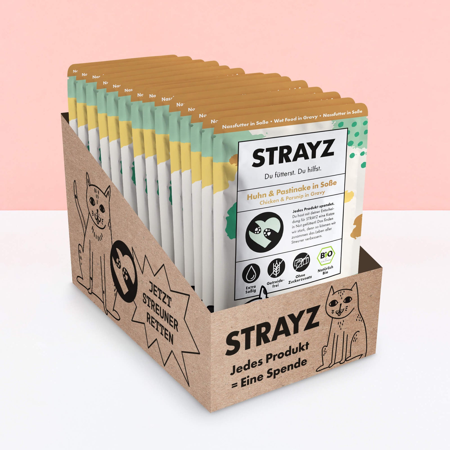 Verpackungseinheit aus 4 mal 85g Beuteln Nassfutter in Soße in der Sorte Huhn & Pastinake von STRAYZ. Bio Katzenfutter ohne Getreide, ohne Zuckerzusatz und Bindemittel. Hoher Fleischanteil. 