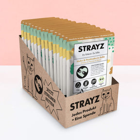 Verpackungseinheit aus 4 mal 85g Beuteln Nassfutter in Soße in der Sorte Huhn & Pastinake von STRAYZ. Bio Katzenfutter ohne Getreide, ohne Zuckerzusatz und Bindemittel. Hoher Fleischanteil. 