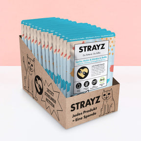 Verpackungseinheit aus 4 mal 85g Beuteln Nassfutter in Soße in der Sorte Lachs, Huhn & Kürbis von STRAYZ. Bio Katzenfutter ohne Getreide, ohne Zuckerzusatz und Bindemittel. Hoher Fleischanteil. 