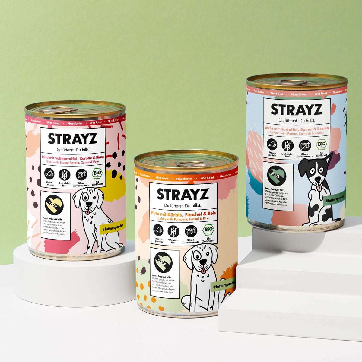 STRAYZ Hundefutter Probierpaket. Je eine Nassfutter 400g Dose: Pute, Rind und Lachs mit Gemüse und Obst. 