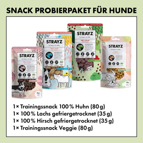 Das Hundesnack Probierpaket von STRAYZ besteht aus vier Leckerlie Sorten der sozialen Bio-Futtermarke aus Berlin. Im Paket ist jeweils 1x enthalten: Bio-Trainingssnack 100% Huhn und Veggie sowie die gefriergetrockneten Snacks in den Sorten 100 % Hirsch und 100 % Lachs. Die Snacks sind alle ohne Zucker und Getreide sowie Konservierungsmittel. Zudem enthalten sie jeweils nur eine Proteinquelle und sind damit für Allergiker geeignet. 