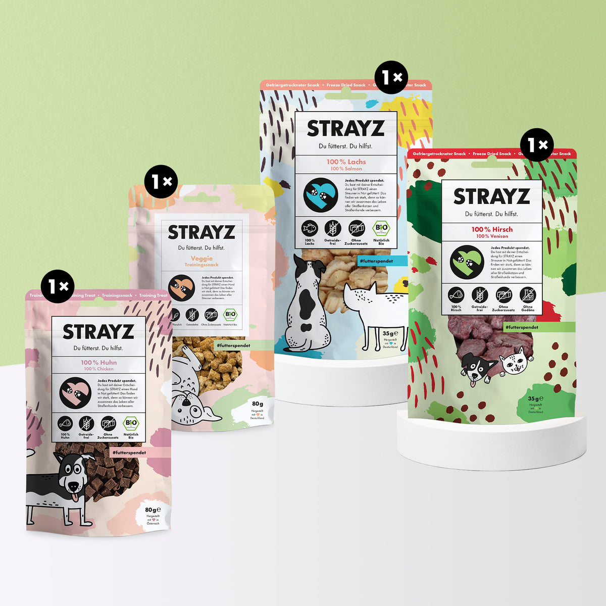 Das Hundesnack Probierpaket von STRAYZ besteht aus vier Leckerlie Sorten der sozialen Bio-Futtermarke aus Berlin. Im Paket ist jeweils 1x enthalten: Bio-Trainingssnack 100% Huhn und Veggie sowie die gefriergetrockneten Snacks in den Sorten 100 % Hirsch und 100 % Lachs. Die Snacks sind alle ohne Zucker und Getreide sowie Konservierungsmittel. Zudem enthalten sie jeweils nur eine Proteinquelle und sind damit für Allergiker geeignet. 