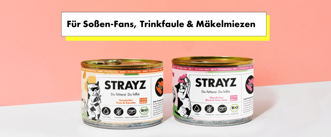 Das STRAYZ Nassfutter mit viel Soße in 200g Dosen