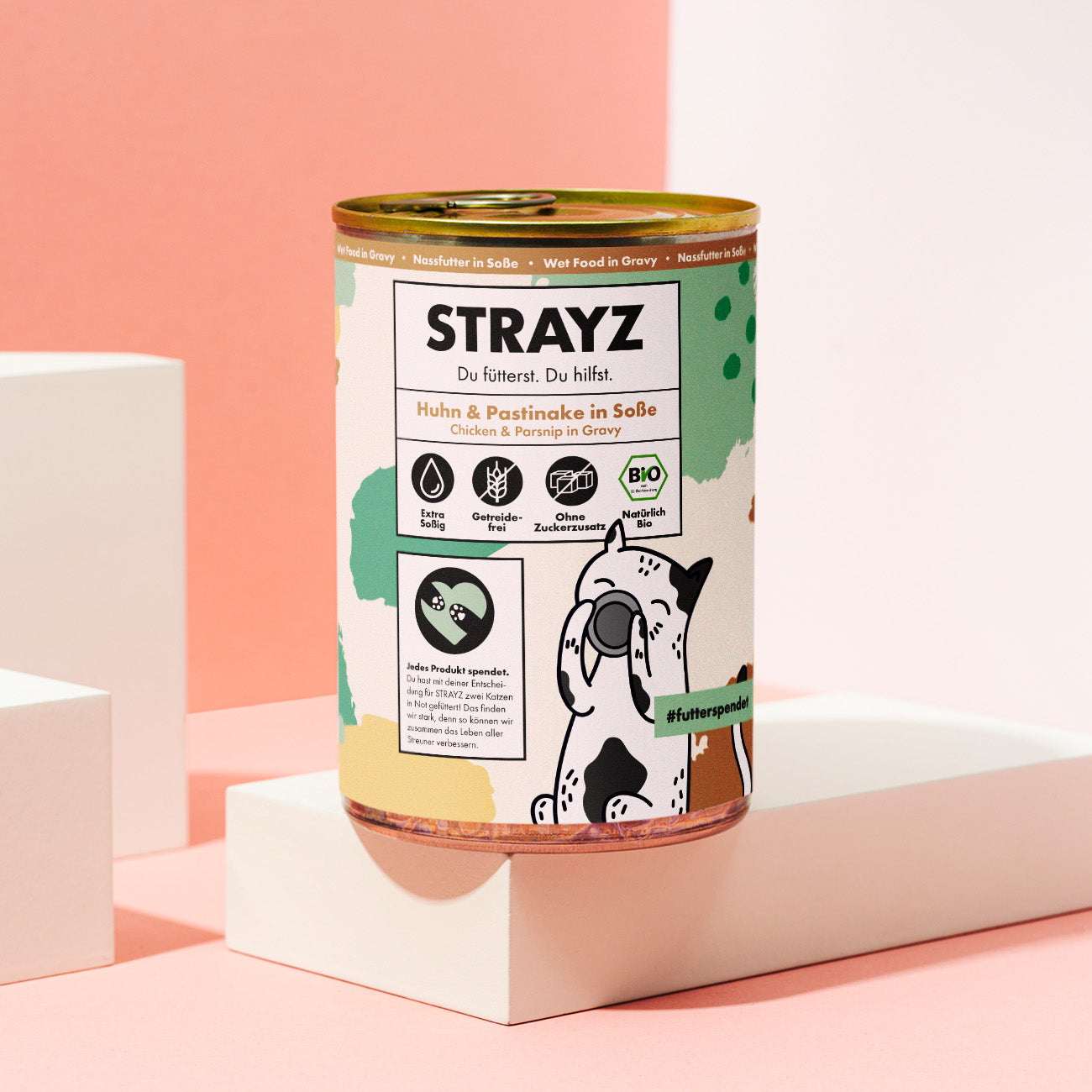 Bio Nassfutter in Soße für Katzen. Hoher Fleischanteil, Kein Zucker, Kein Getreide, Keine Bindemittel. Sorte Huhn & Pastinake. Konsistenz: Feines Ragout in Soße. Erhältlich als 400g Dose.