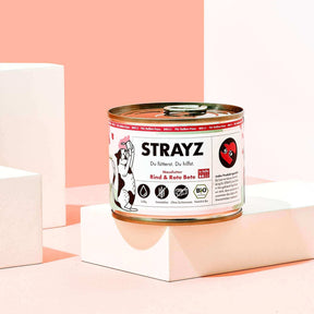 Bio Nassfutter in Soße für Katzen. Hoher Fleischanteil, Kein Zucker, Kein Getreide, Keine Bindemittel. Sorte Rind & Rote Bete. Konsistenz: Feines Ragout in Soße. 200g Dose