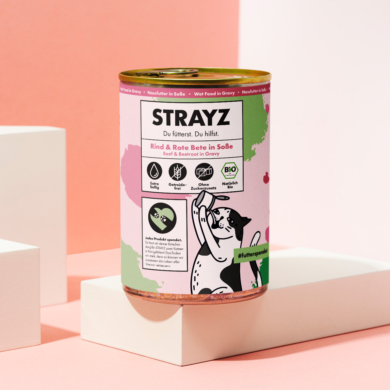 Bio Nassfutter in Soße für Katzen. Hoher Fleischanteil, Kein Zucker, Kein Getreide, Keine Bindemittel. Sorte Rind & Rote Bete. Konsistenz: Feines Ragout in Soße. 400g Dose