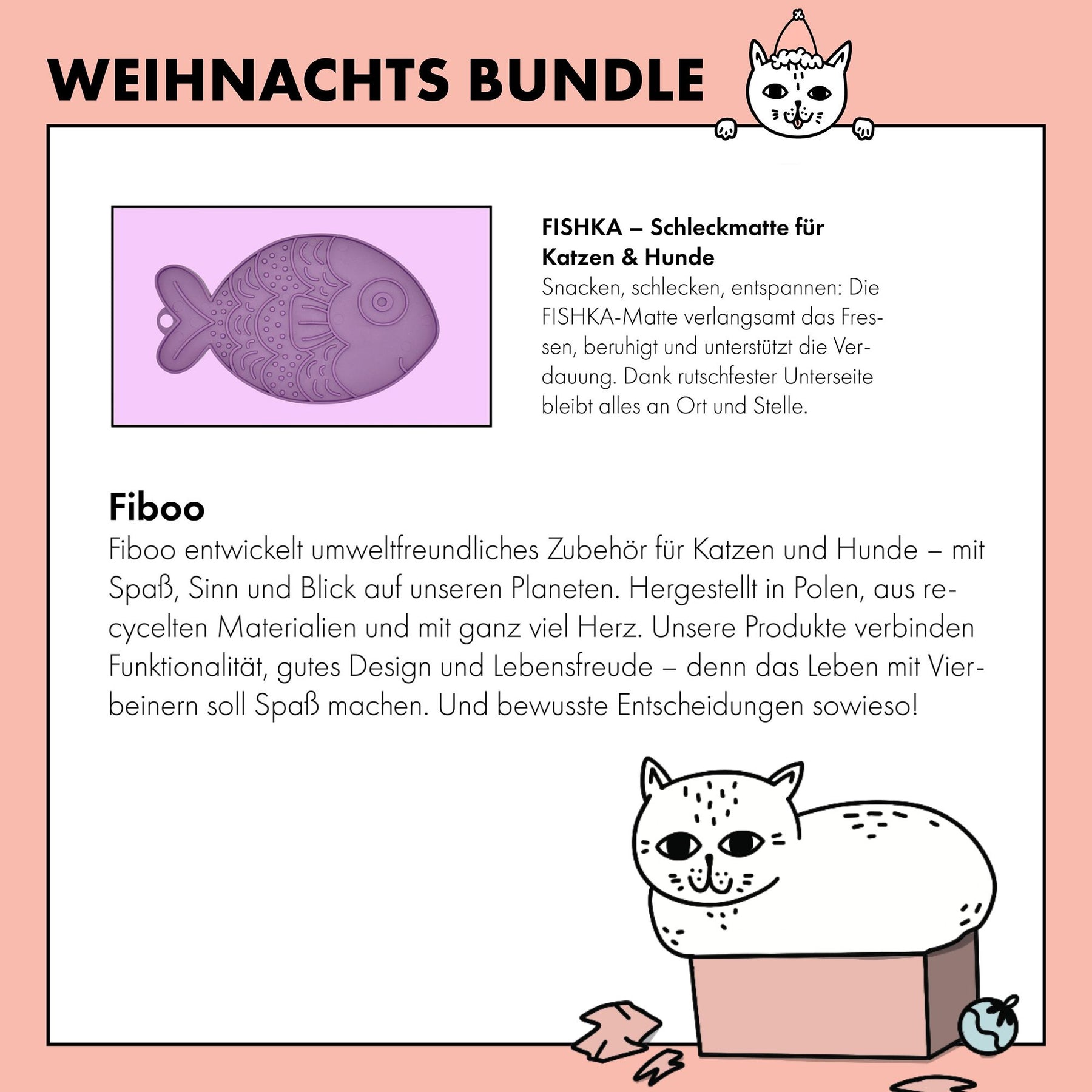 Fiboo Schleckmatte für Katzen in Form eines Fisches. Nachhaltige Produktion in Polen. 