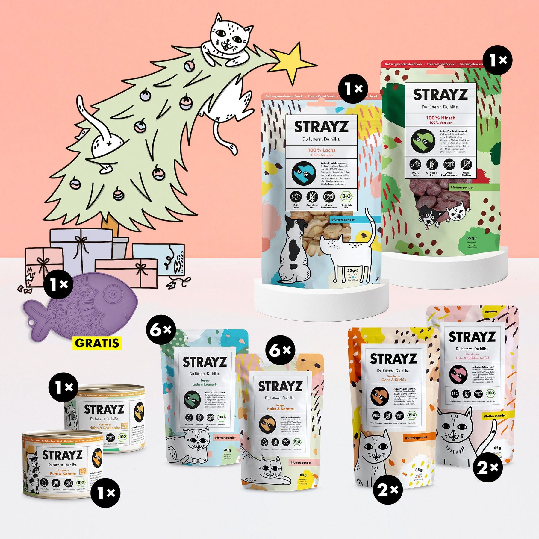 Bio Katzenfutter & Bio Katzensnacks von STRAYZ in einem weihnachtlichen Paket. 1x Lachs Snack, 1x Hirsch Snack, 6x Suppe Lachs, 6x Suppe Huhn, 1x Nassfutter in Soße Huhn, 1x Nassfutter in Soße Pute, 1x Nassfutter Ente & Süßkartoffel, 1x Nassfutter Gans & Kürbis