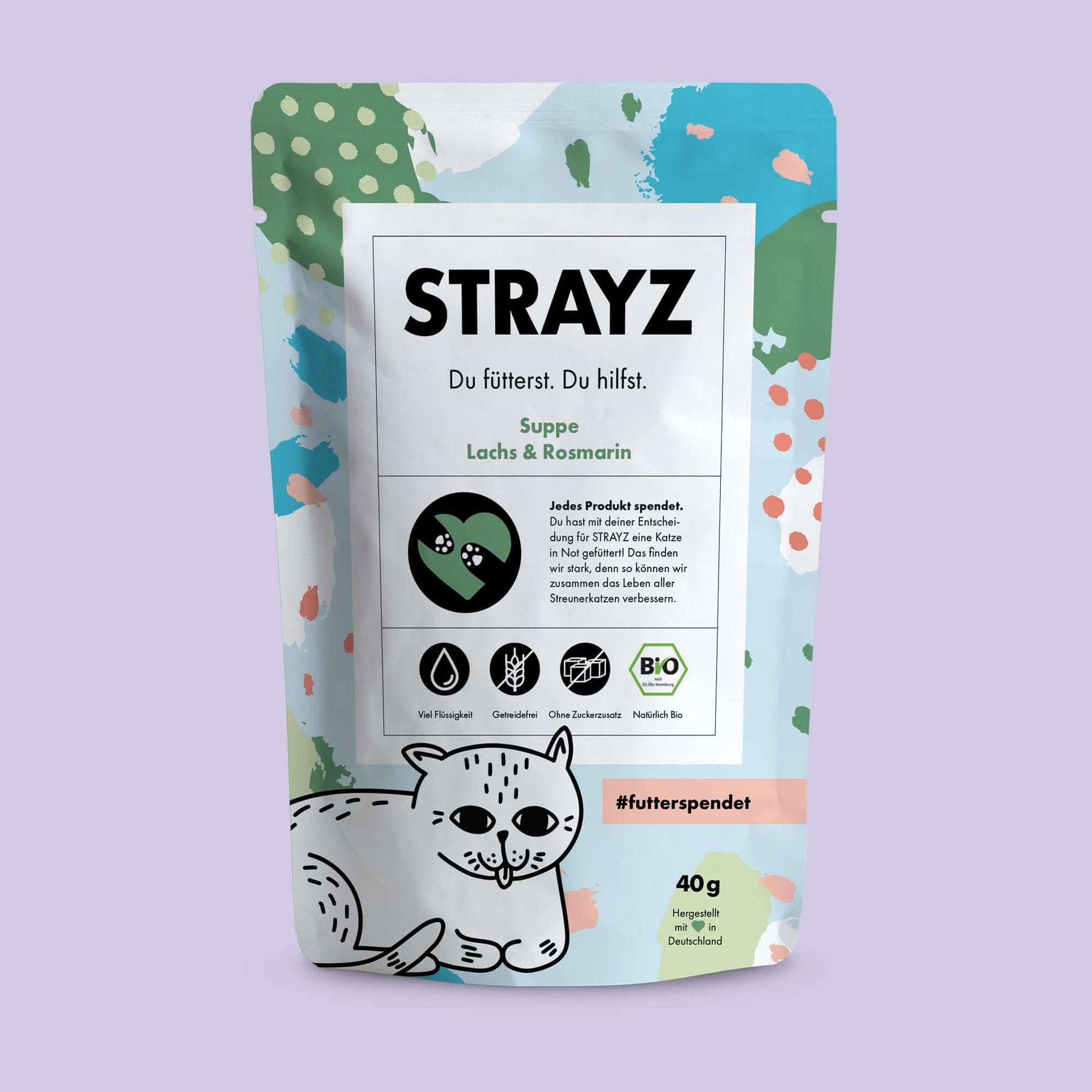 Bio Katzensuppe Lachs & Rosmarin von STRAYZ - Leckerli für Katzen ohne Zucker und Getreide - Schlecki für Katzen