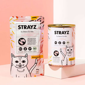 STRAYZ Bio Katzenfutter Ente & Süßkartoffel im 85g Beutel und 400g Dose.