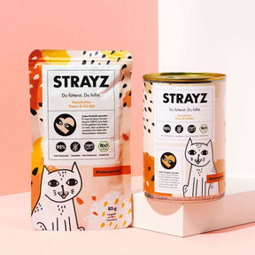 STRAYZ Bio Katzenfutter Gans & Kürbis im 85g Beutel und 400g Dose.