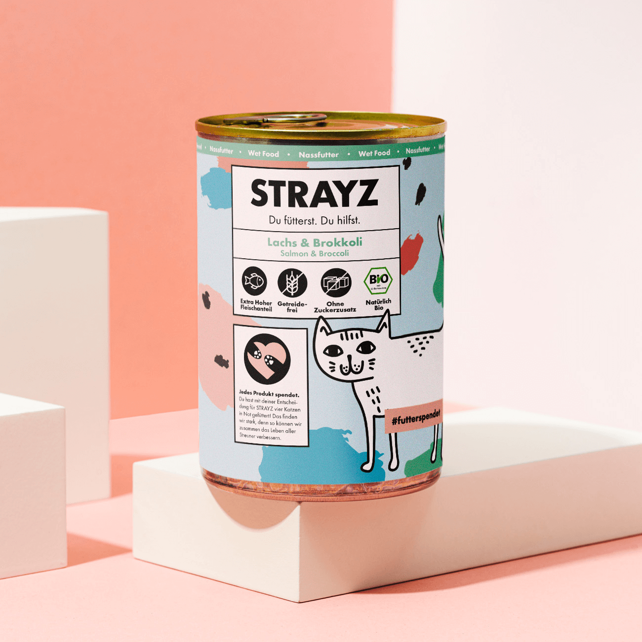 STRAYZ Bio Katzenfutter Nassfutter 400g Dose Lachs & Brokkoli