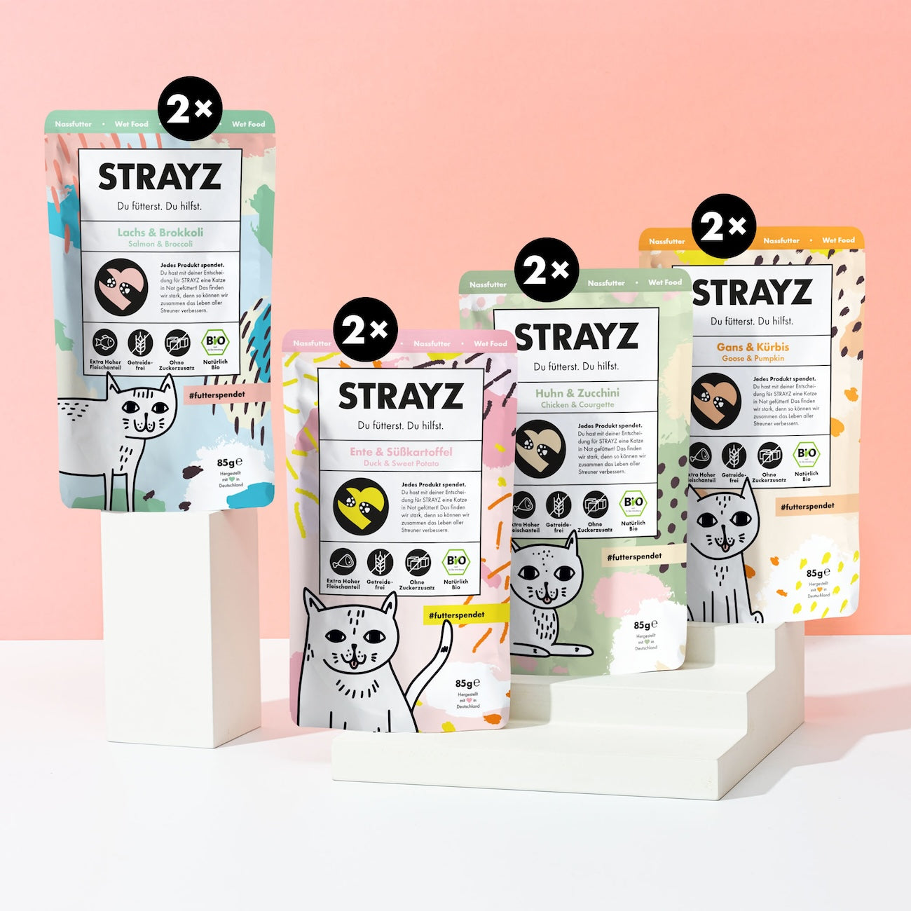 Bio Katzenfutter mit hohem Fleischanteil von STRAYZ - Probierpaket mit 2x Lachs, 2x Ente, 2x Huhn und 2x Gans