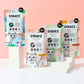 Bio Katzenfutter mit hohem Fleischanteil von STRAYZ - Probierpaket mit 2x Lachs, 2x Ente, 2x Huhn und 2x Gans