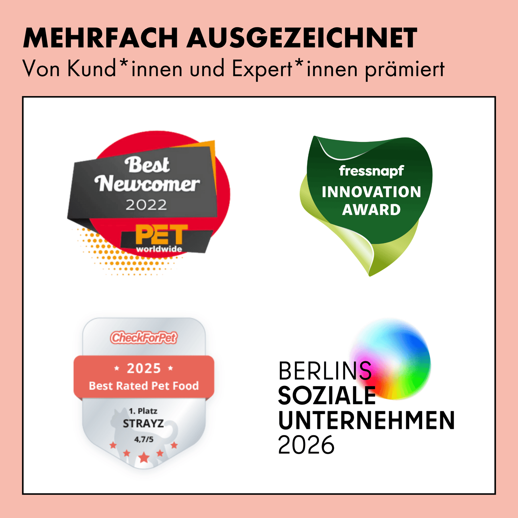 Das Futter von STRAYZ wurde schon mehrfach ausgezeichnet. Unter anderem hat STRAYZ den Best Newcomer 2022 Award vom PET worldwide Magazin erhalten. Dazu den fressnapf Innovation Award. 2025 hat STRAYZ mit dem Katzenfutter Sortiment den 1. Platz von CheckforPet belegt. 2026 wurde STRAYZ vom Berliner Senat mit dem Berlins Soziale Unternehmen 2026 Preis ausgezeichnet.