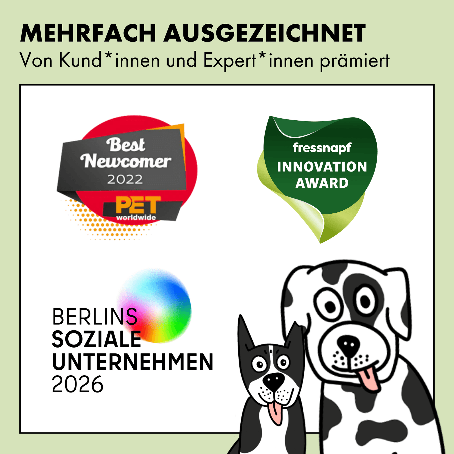 Das Futter von STRAYZ wurde schon mehrfach ausgezeichnet. Unter anderem hat STRAYZ den Best Newcomer 2022 Award vom PET worldwide Magazin erhalten. Dazu den fressnapf Innovation Award. 2026 wurde STRAYZ vom Berliner Senat mit dem Berlins Soziale Unternehmen 2026 Preis ausgezeichnet.