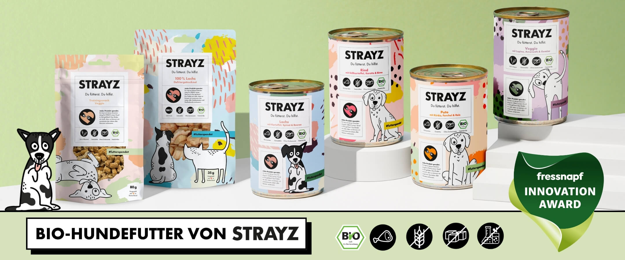 Bio-Hundefutter ohne Getreide und Zucker von STRAYZ. Ausgezeichnet mit dem Fressnapf Innovation Award.