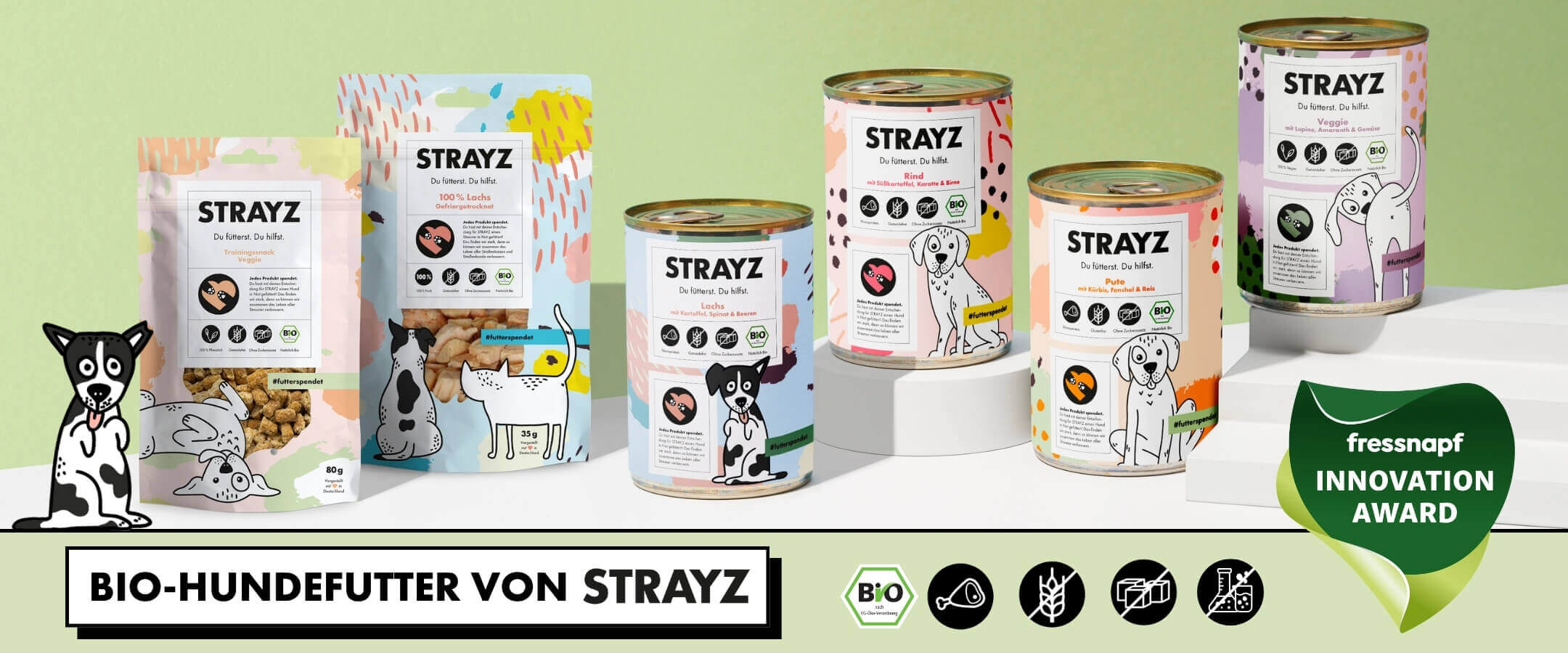 Bio-Hundefutter ohne Getreide und Zucker von STRAYZ. Ausgezeichnet mit dem Fressnapf Innovation Award.