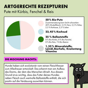 Das Bio-Hundefutter von STRAYZ setzt sich aus folgenden Zutaten zusammen: 50 % Pute* (ca. 40 % Brustfleisch, ca. 2,5 % Herzen, ca. 2,5 % Hälse, ca. 2,5 % Karkasse, ca. 2,5 % Leber), 23,45 % Kochsud*, 8 % Kürbis*, 8 % Fenchel*, 8 % Reis*, 1 % Beeren* (Rote Johannisbeere, Schwarze Johannisbeere, Heidelbeere, Brombeere, Himbeere), 0,55 % Mineralstoffe, 0,5 % Leinöl*, 0,45 % Bierhefe, 0,05 % Knotentang *aus kontrolliert ökologischer Landwirtschaft