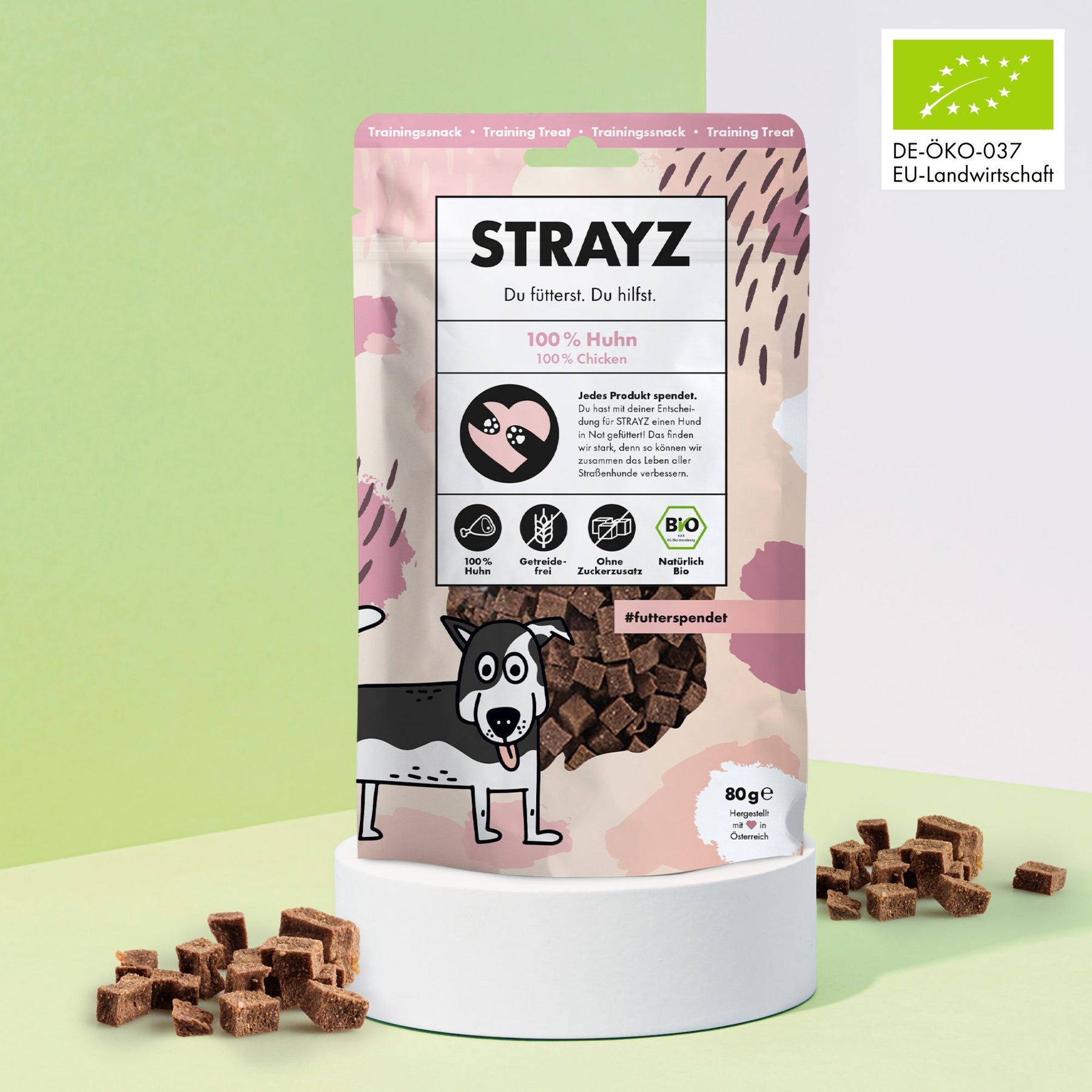 Hundeleckerli aus 100% Bio-Huhn von STRAYZ. Frei von Zucker, Getreide und Füllstoffen. Jedes Produkt spendet für Straßenhunde in Not. In jedem Beutel sind 80 Gramm Snacks enthalten. Die Snacks sind kleine Würfel.