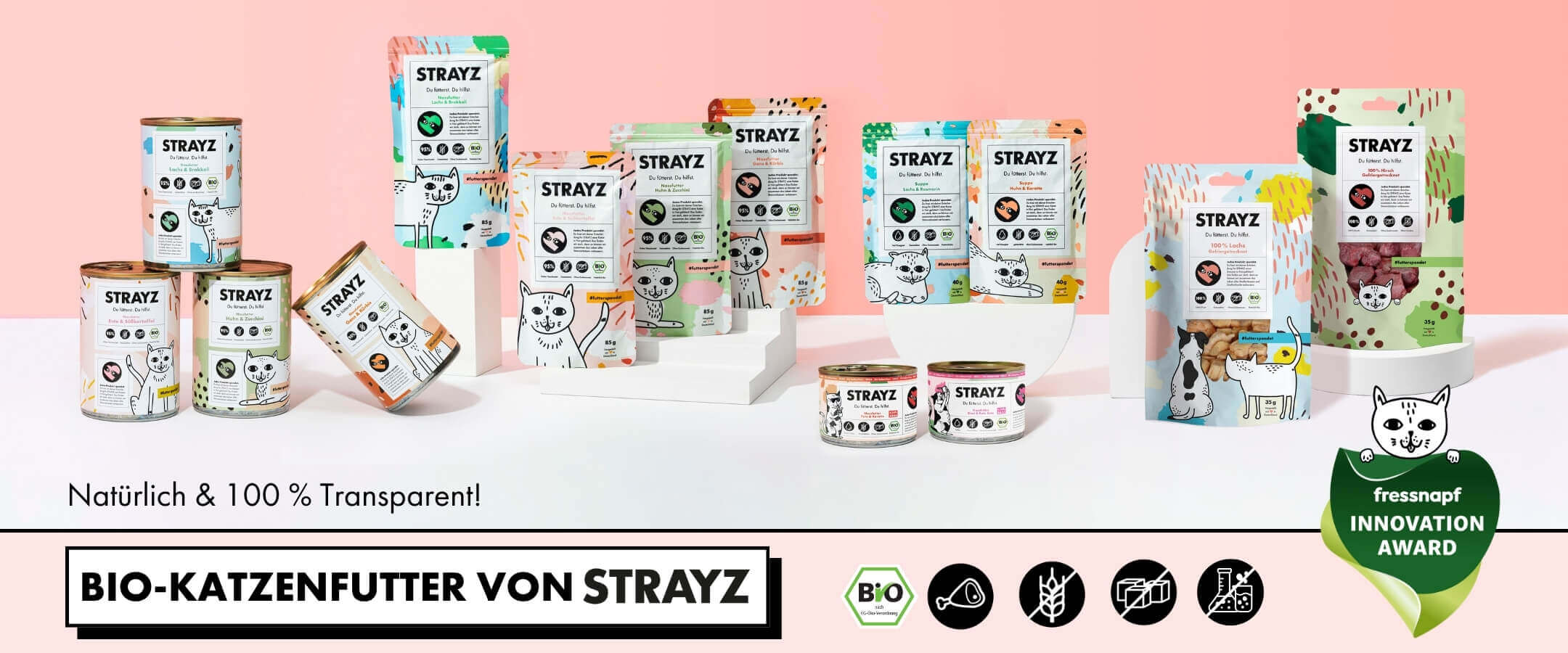 Bio Katzenfutter mit hohem Fleischanteil ohne Getreide und Zucker von STRAYZ. Ausgezeichnet mit dem Fressnapf Innovation Award. 