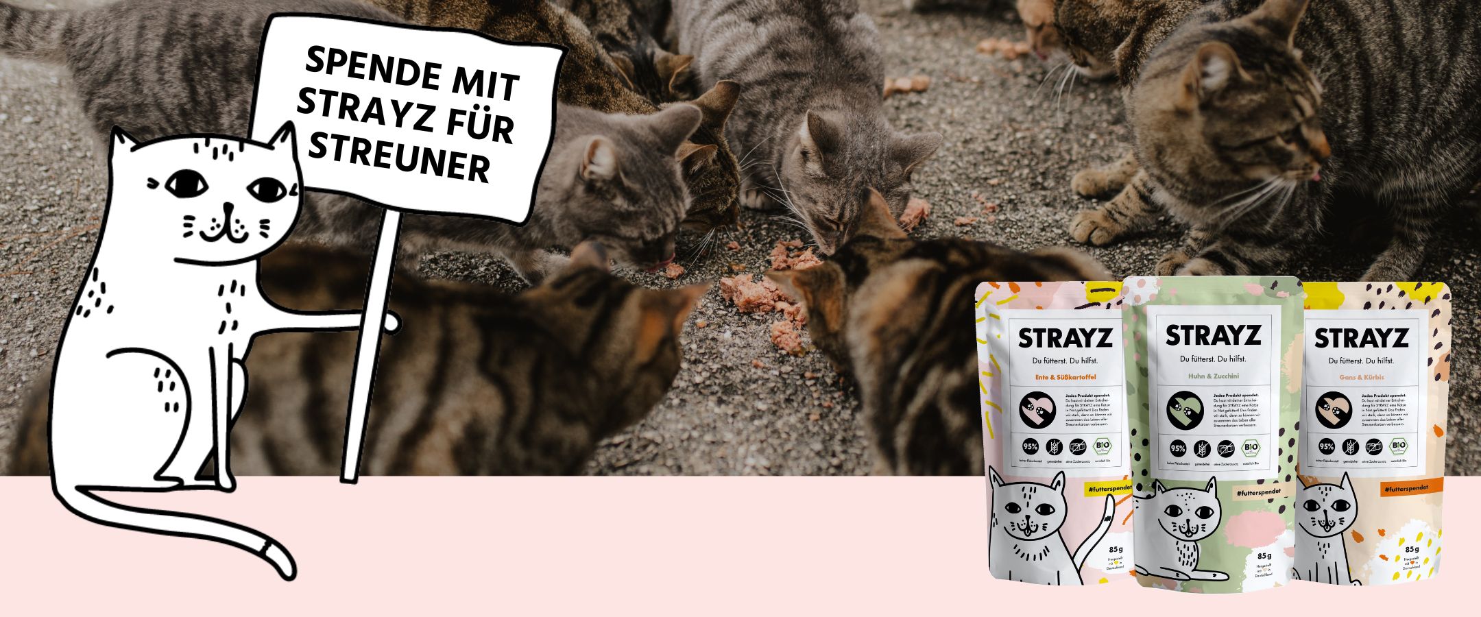Spende mit STRAYZ Bio Katzenfutter hoher Fleischanteil, getreidefrei, zuckerfrei für Straßenkatzen in Not
