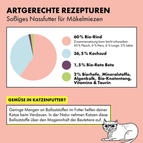 So setzt sich das Nassfutter in Soße von STRAYZ in der Sorte Rind & Rote Bete zusammen: 60 % Rind* (ca. 45 % Fleisch, ca. 6 % Herz, ca. 6 % Lunge, ca. 3 % Leber), 36,5 % Kochsud*, 1,5 % Rote Bete*, 0,95 % Bierhefe, 0,55 % Mineralstoffe, 0,40 % Algenkalk, 0,10 % Knotentang*  *aus kontrolliert biologischer Erzeugung