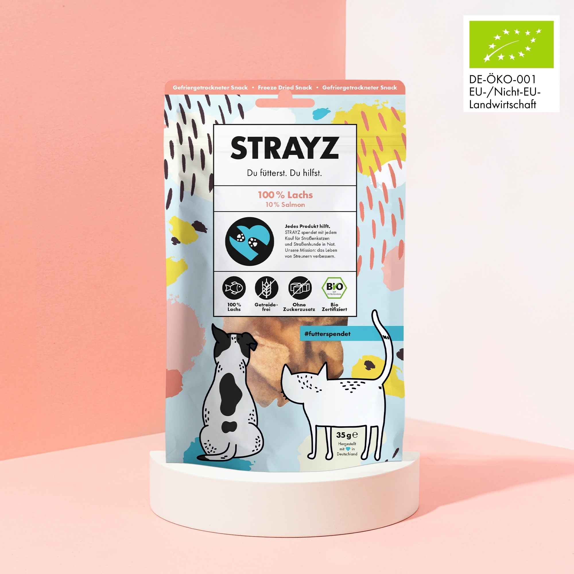 Gefriergetrockneter Lachs in Bio Qualität für Katzen und Hunde. Monoprotein. Für allergische Tiere geeignet. Kein Zucker und kein Getreide. 