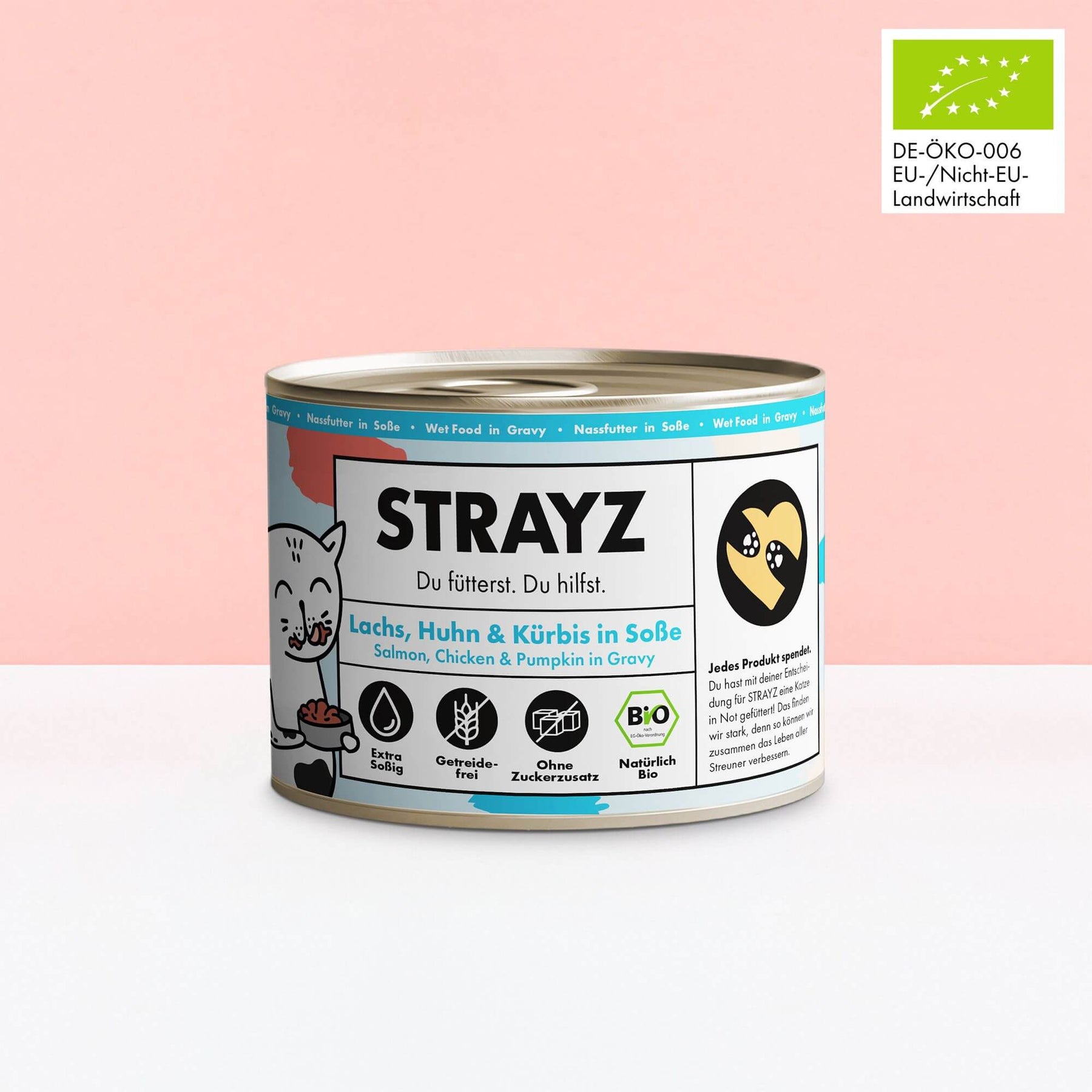 Das Bio-Nassfutter in Soße von STRAYZ in der Sorte Lachs, Huhn & Kürbis in Soße. Erhältlich in 400g und 200g Dosen. Das Bio Katzenfutter ist frei von Zucker, Getreide und Bindemittel. Es hat einen hohen Fleischanteil von 70 %. Auf diesem Bild sieht man die 200g Dose.