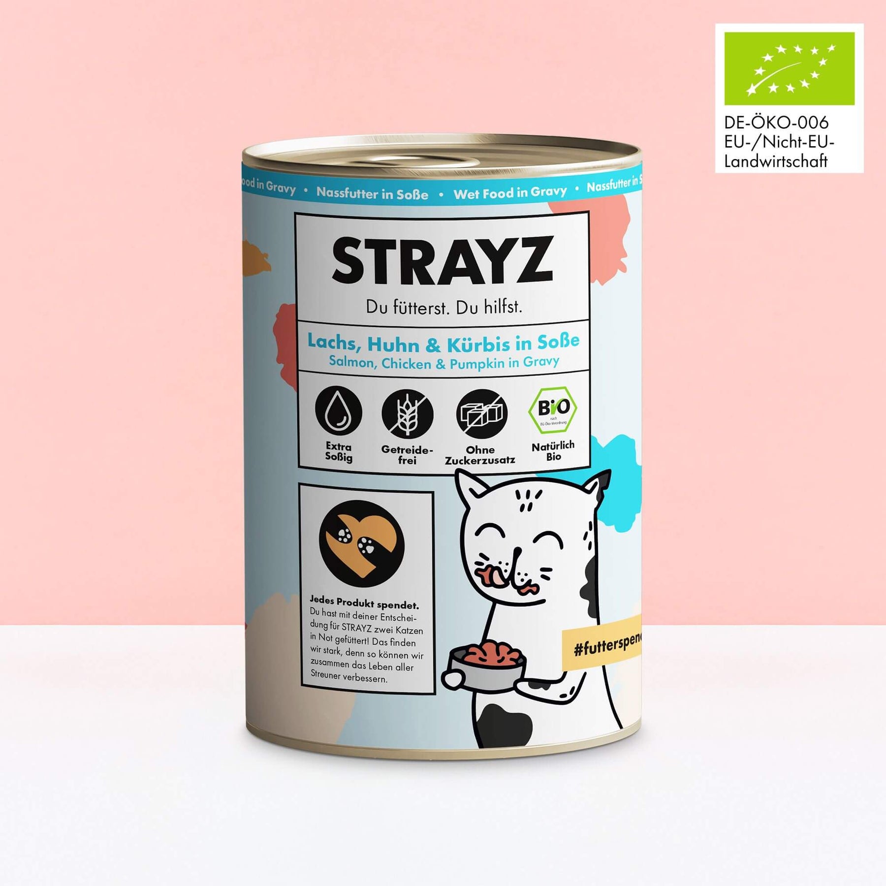 Das Bio-Nassfutter in Soße von STRAYZ in der Sorte Lachs, Huhn & Kürbis in Soße. Erhältlich in 400g und 200g Dosen. Das Bio Katzenfutter ist frei von Zucker, Getreide und Bindemittel. Es hat einen hohen Fleischanteil von 70 %. Auf diesem Bild sieht man eine 400g Dose.
