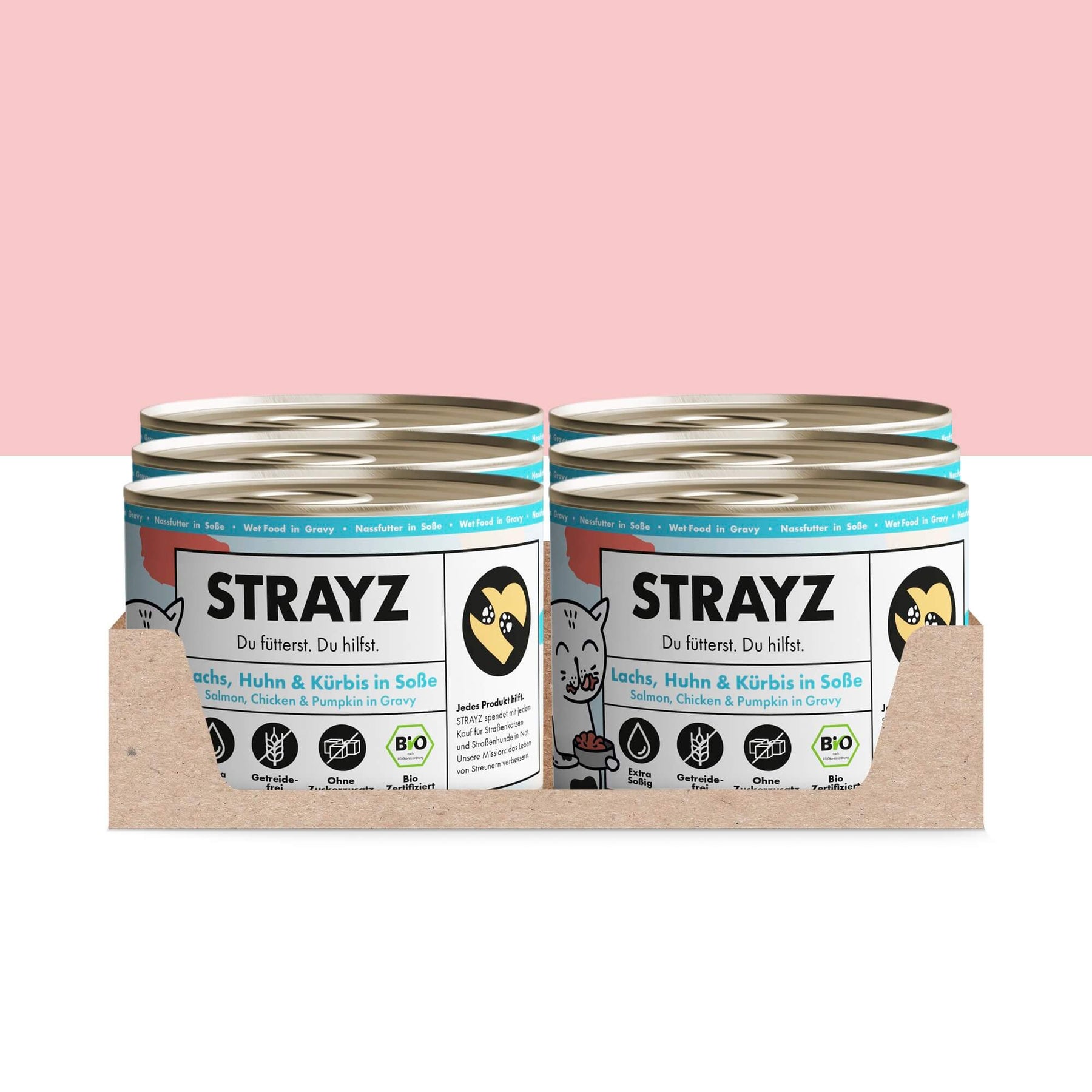 Das Bio-Nassfutter in Soße von STRAYZ in der Sorte Lachs, Huhn & Kürbis in Soße. Erhältlich in 400g und 200g Dosen. Das Bio Katzenfutter ist frei von Zucker, Getreide und Bindemittel. Es hat einen hohen Fleischanteil von 70 %. Auf diesem Bild sieht man 6x200g Dosen in einem Karton.