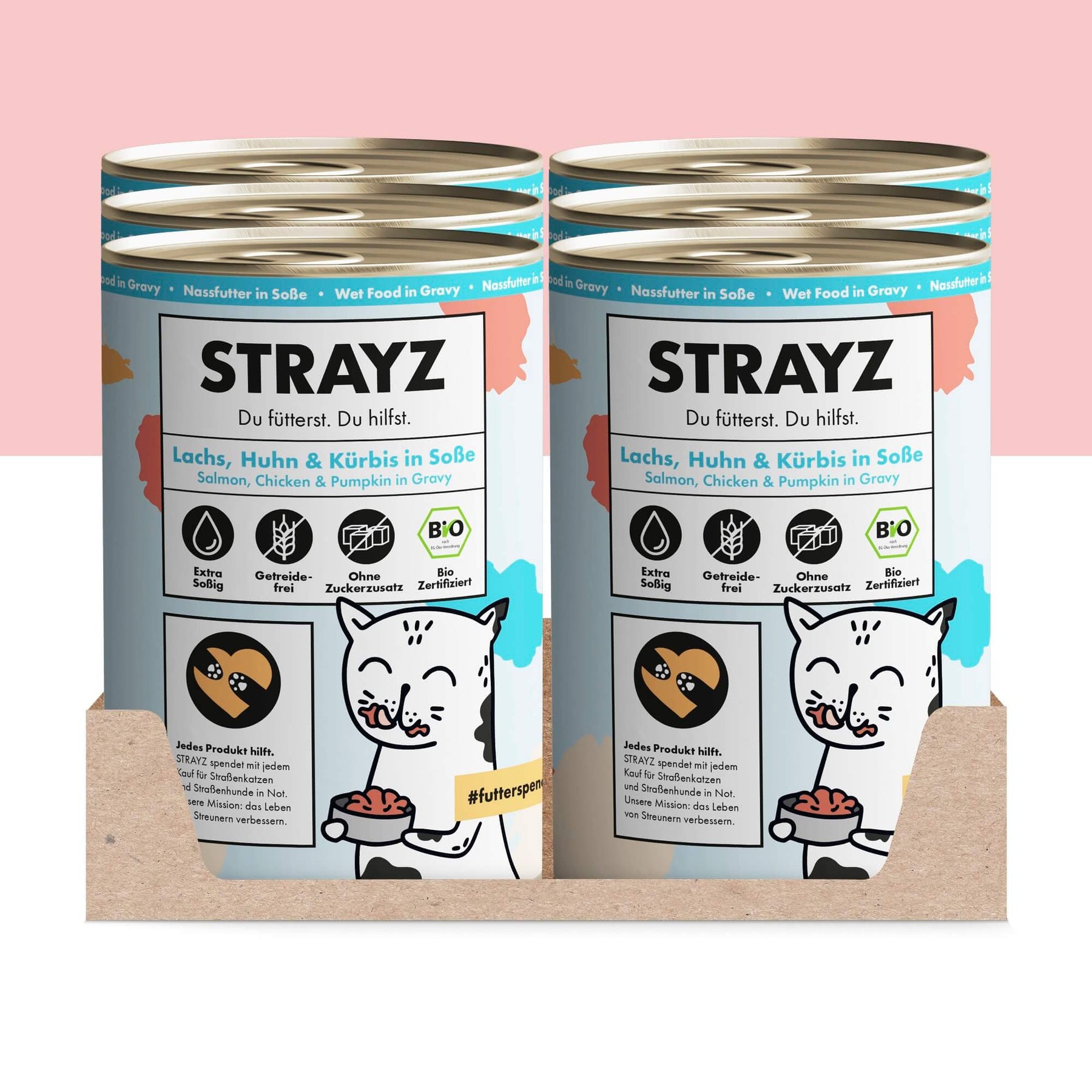 Das Bio-Nassfutter in Soße von STRAYZ in der Sorte Lachs, Huhn & Kürbis in Soße. Erhältlich in 400g und 200g Dosen. Das Bio Katzenfutter ist frei von Zucker, Getreide und Bindemittel. Es hat einen hohen Fleischanteil von 70 %. Auf diesem Bild sieht man 6x400g Dosen in einem Karton.