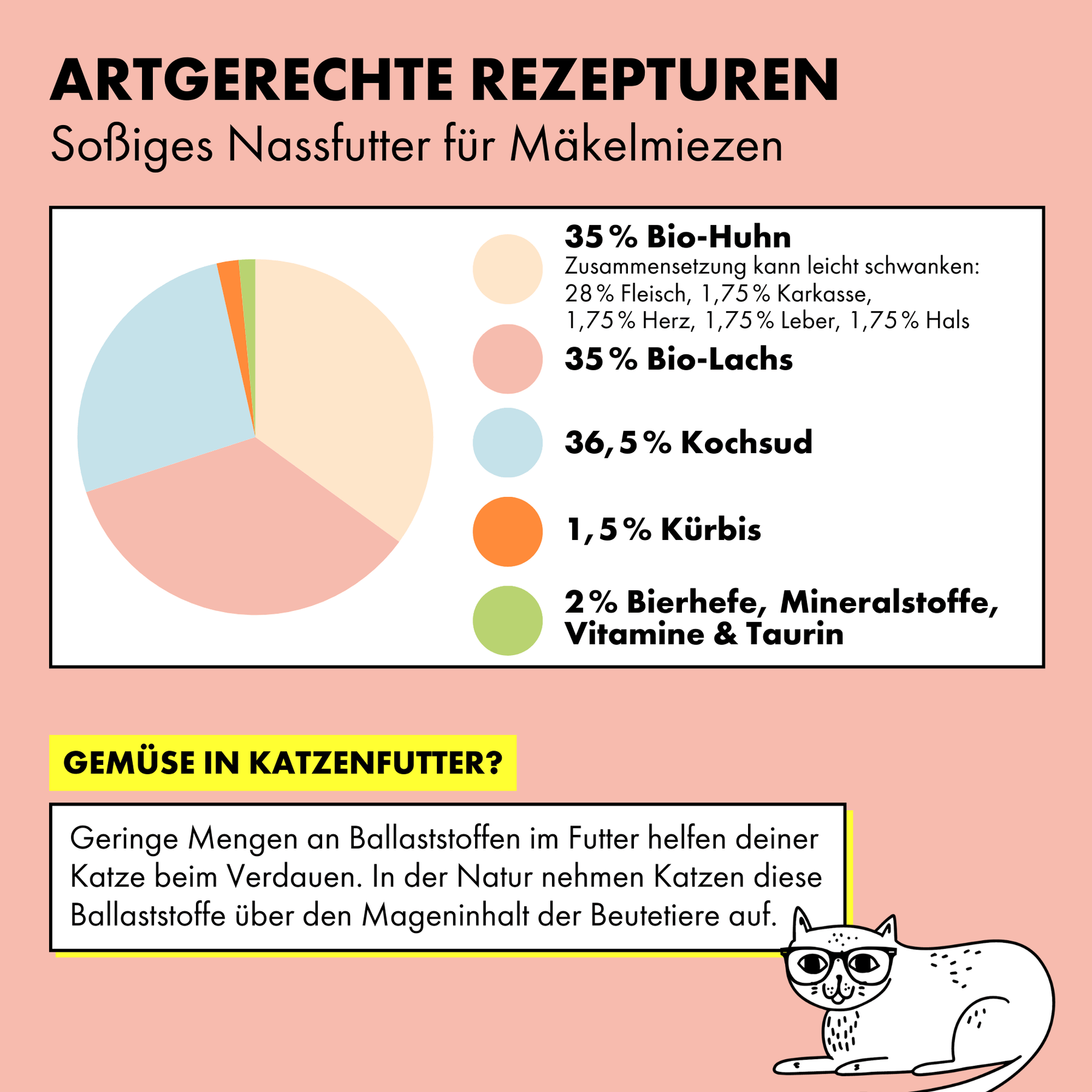Das Bio-Nassfutter in Soße von STRAYZ in der Sorte Lachs, Huhn & Kürbis in Soße besteht aus 35% Huhn, 35% Lachs, 36,5% Kochsud, 1,5% Kürbis und 2% Mineralstoffen, Bierhefe, Vitaminen und Taurin. 