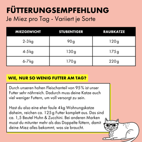 Fütterungsempfehlung für STRAYZ Bio Katzenfutter pro Tag. Durch den hohen Fleischanteil braucht eine 4kg Wohnungskatze nut ca. 125 g Futter am Tag. 